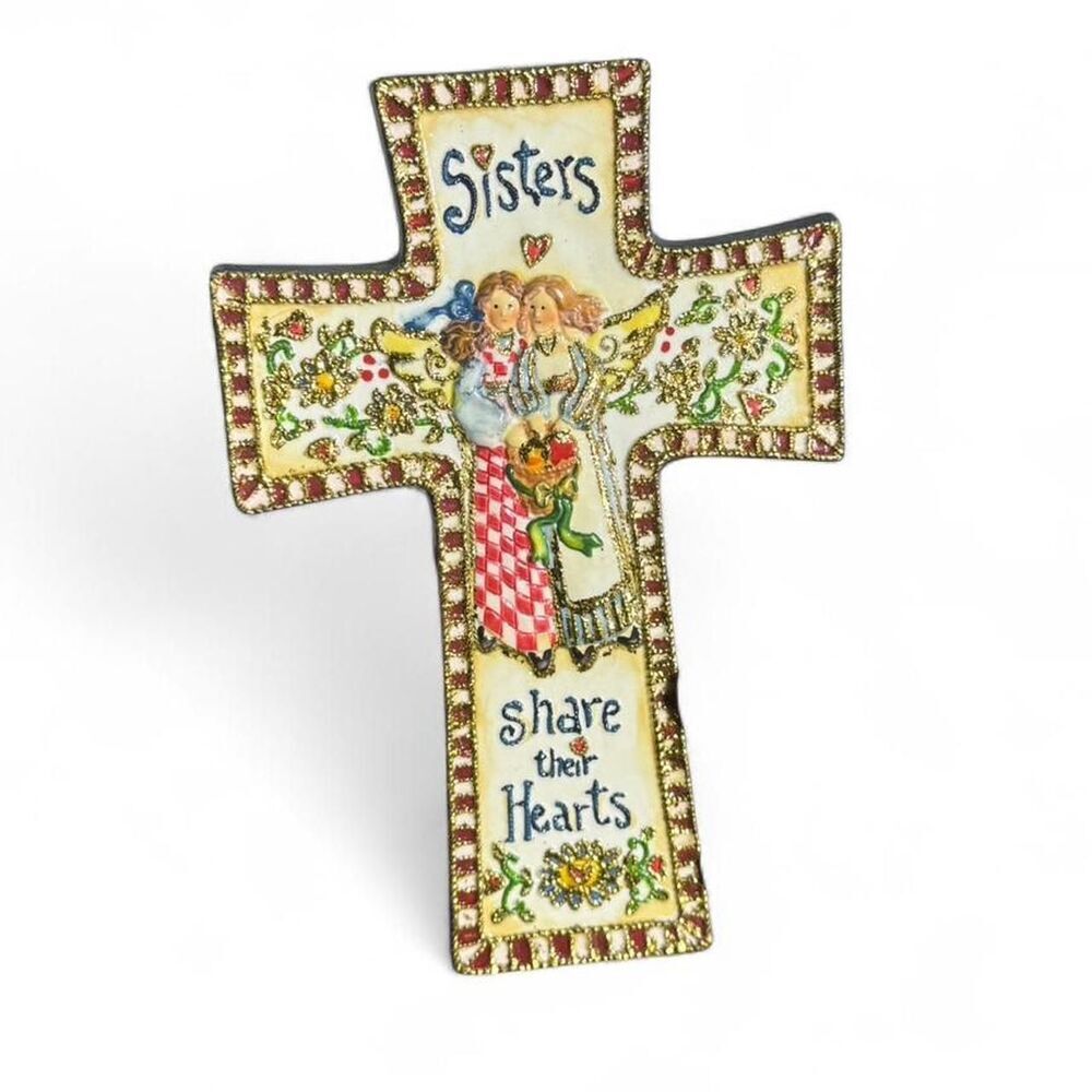 Vintage Shelly Rasche by Roman Inc. Ceramic Cross "Sisters Share Their Hearts"